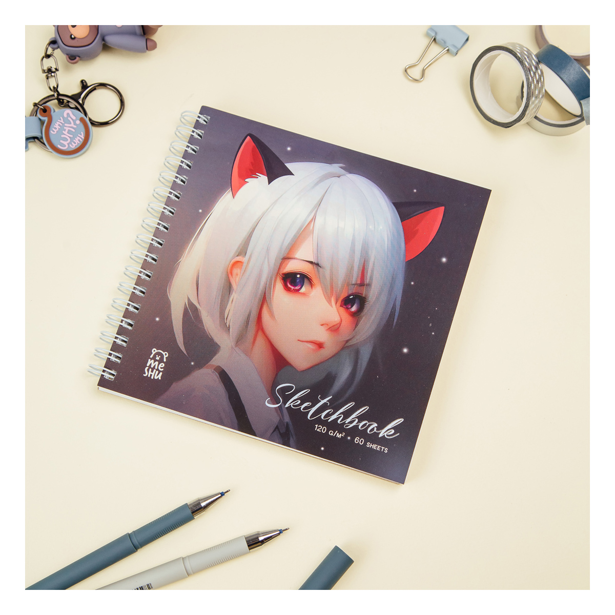 Скетчбук 60л., 150*150 MESHU "Neko", на гребне, 120г/м2, выб. лак, soft-touch