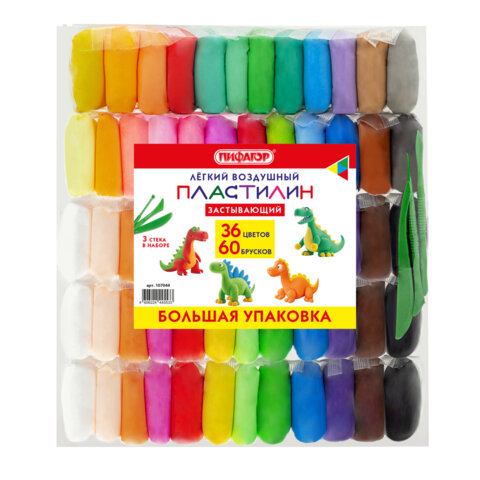 Пластилин лёгкий воздушный застывающий 60 штук (36 цветов + 2х12 базовых), 510 г, 3 стека, ПИФАГОР, 107044
