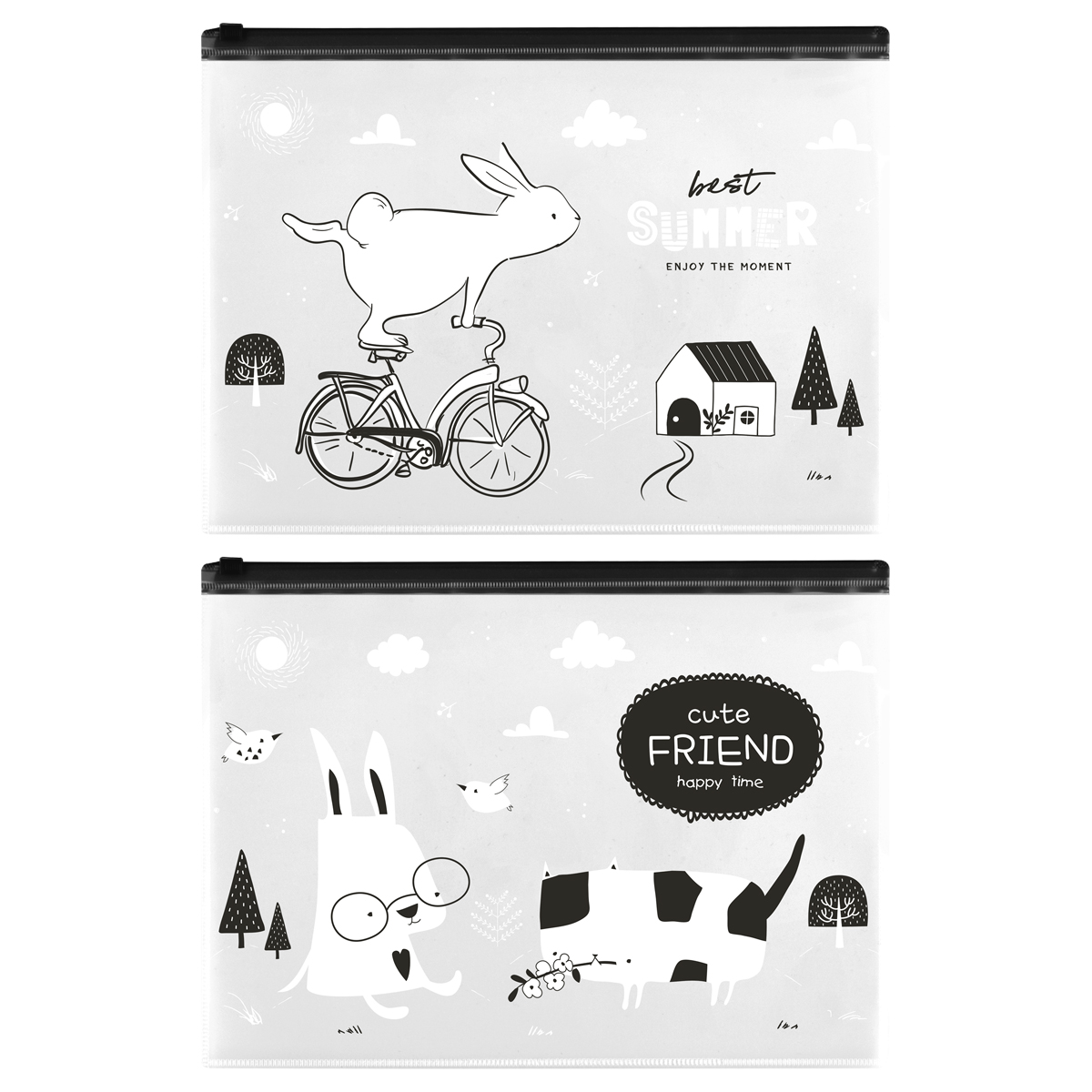 Папка-конверт на zip-молнии MeShu, А4, 150мкм, прозрачная с рисунком, ассорти