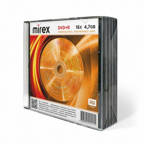 Диски DVD+R (плюс) MIREX, 4,7 ГБ 16x Slim Case, КОМПЛЕКТ 5 шт, UL130013A1F