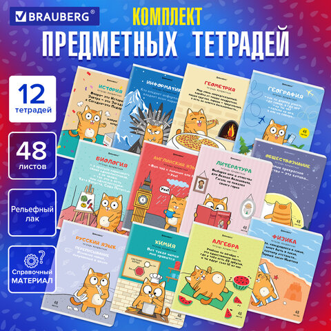 Тетради предметные, КОМПЛЕКТ 12 ПРЕДМЕТОВ, КОТ-ЭНТУЗИАСТ, 48л, TWIN лак, BRAUBERG, 404609