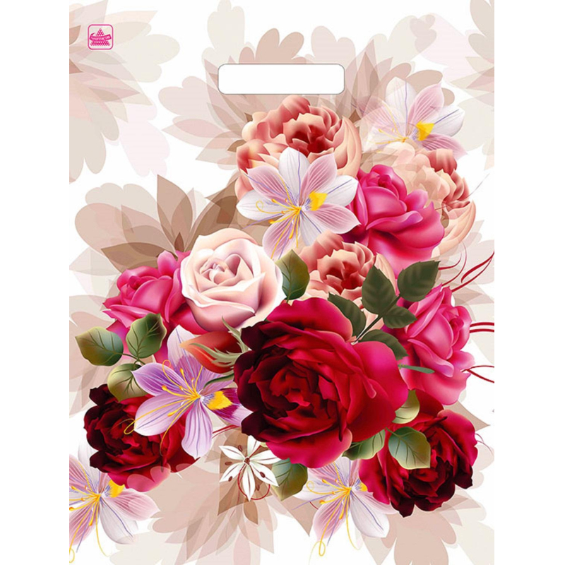 Пакет с вырубной ручкой Пионы на бежевом 31х40 см, 50 шт/уп