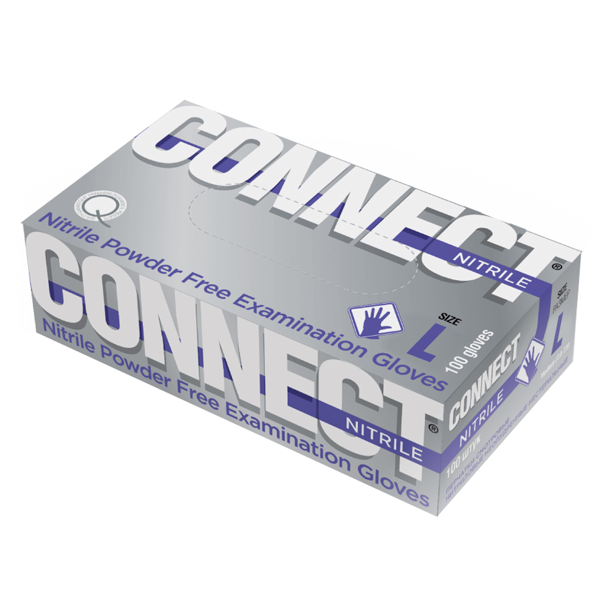 Перчатки нитриловые смотровые CONNECT NITRILE, неопудренные, разм. L, 100пар, голубые, картонная коробка