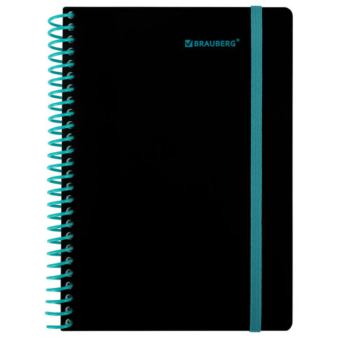 Тетрадь обложка пластик, А5 80 л., спираль пластик, резинка, клетка, BRAUBERG, черный/синий, 405385