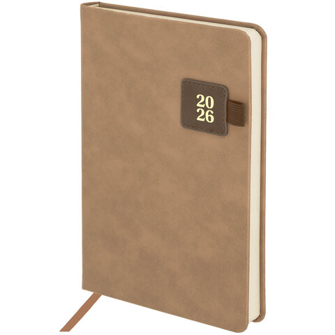 Ежедневник датированный 2026 А5 138х213 мм, BRAUBERG "Accent", под кожу, держатель, бежевый/коричневый, 117388