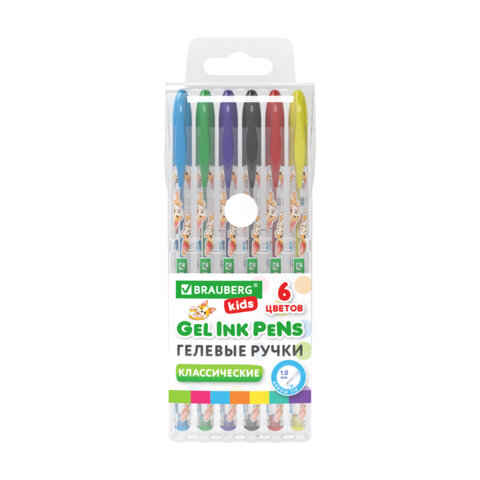 Ручки гелевые КЛАССИЧЕСКИЕ BRAUBERG KIDS "CUTE ANIMALS", НАБОР 6 ЦВЕТОВ, корпус с печатью, узел 1 мм, линия письма 0,7 мм, 144441