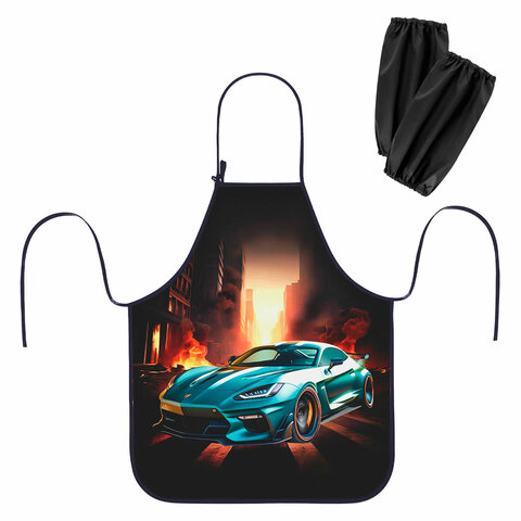 Фартук с нарукавниками для уроков труда ЮНЛАНДИЯ, регулировка по росту, 46х54 см, "Fire car", 273768