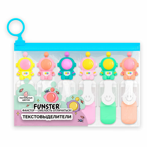 Набор текстовыделителей с топперами 6 ЦВЕТОВ ПАСТЕЛЬ, "КОСМО", линия 1-4 мм, FUNSTER (ФАНСТЕР), 152654