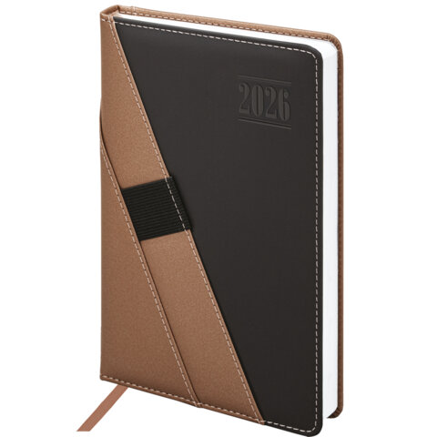 Ежедневник датированный 2026, А5, 138х213 мм, BRAUBERG "Swirl", под кожу, держатель для ручки, коричневый, 117480
