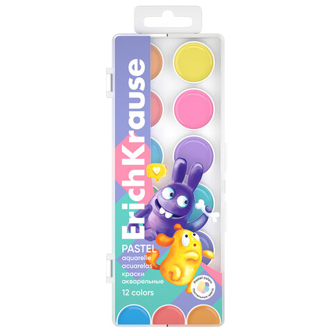 Краски акварельные ERICH KRAUSE "Jolly Friends Pastel", 12 цветов, пластиковый пенал, европодвес, 61370
