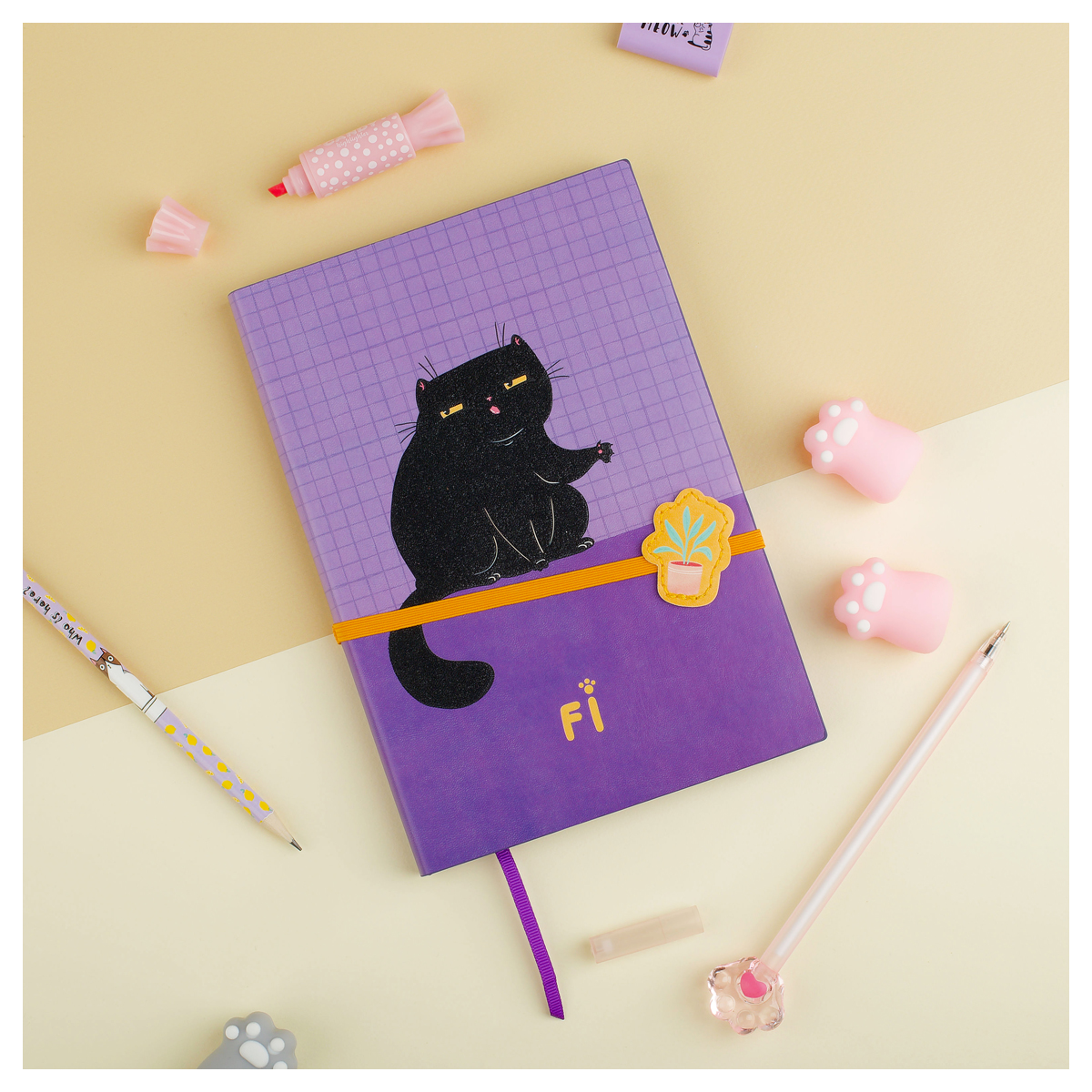 Ежедневник недатированный A5, 136л., кожзам, MESHU "Сat walk. Purple rebel", тон. блок, резинка-фиксатор с аппликацией, цветной срез, закладка-ляссе