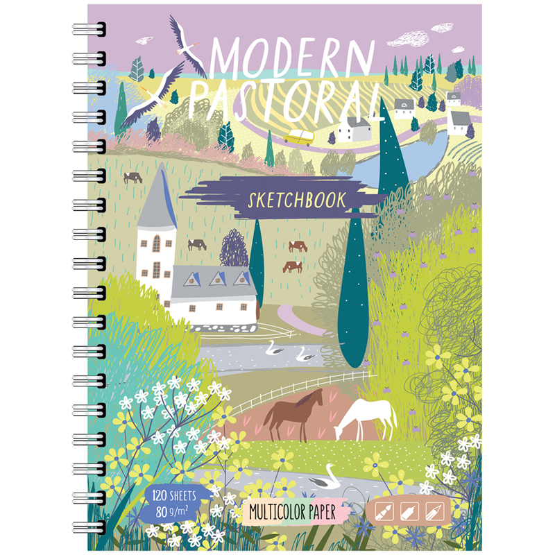 Скетчбук-тетрадь 120л., А5 BG "Pastorale moderne", на гребне, матовая ламинация, 80г/м2, трехцветный тонированный блок, твердая обложка