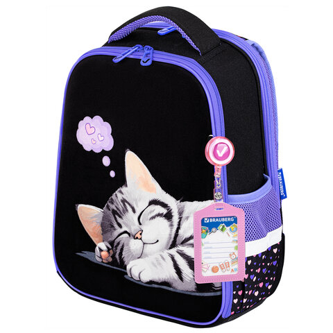 Ранец BRAUBERG FIT, 2 отделения, Sleeping kitten, велюровая панель, 38х27х14 см, 273107