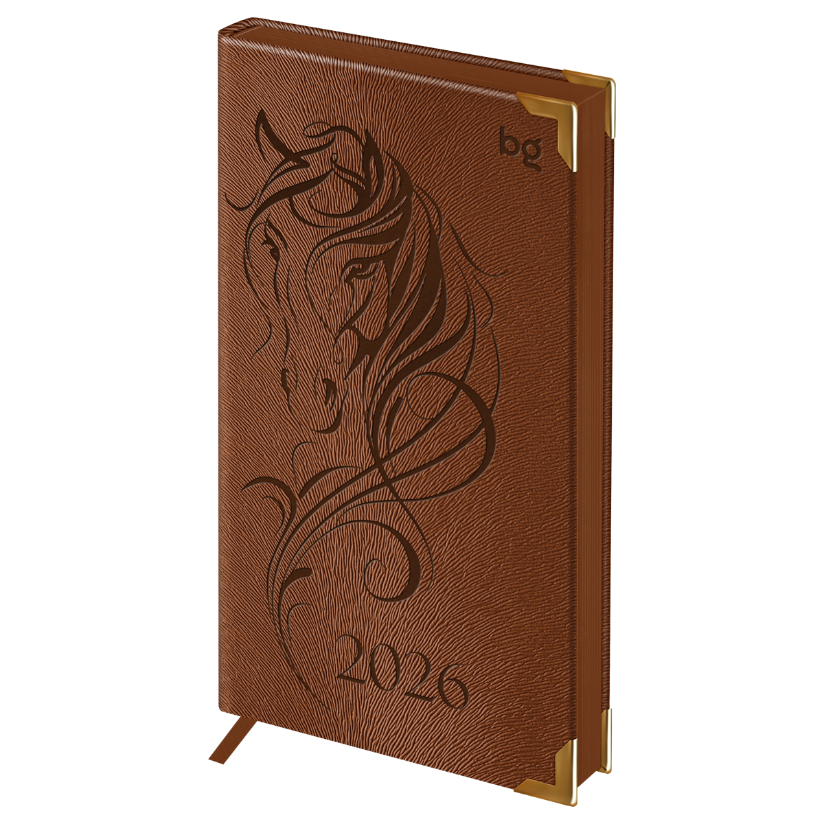 Еженедельник датированный 2026г., 90*165, 64л., твердый переплет, кожзам, BG "Horse. Bourbon", ярко-коричневый, цветной срез
