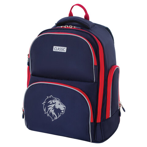 Рюкзак BRAUBERG CLASSIC, легкий каркас, премиум материал, "Lion", синий, 37х32х21 см, 228829