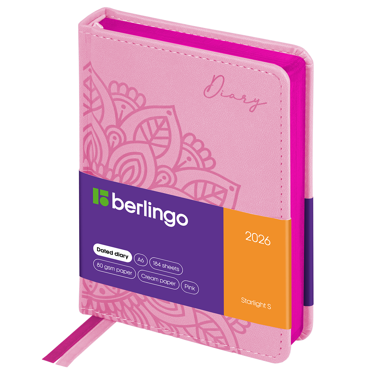 Ежедневник датированный 2026г., А6, 184л., кожзам, Berlingo "Starlight S", металлик срез, розовый
