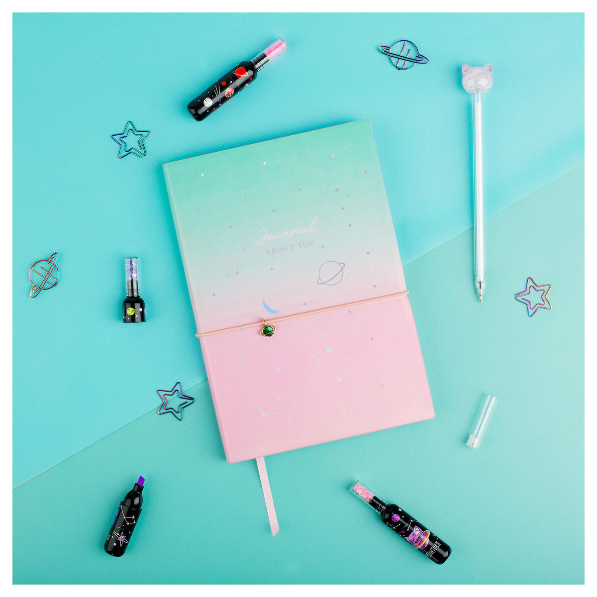 Ежедневник недатированный A5, 136л., кожзам, MESHU "Space plans", тон. блок, резинка-фиксатор с подвеской, голографический срез, закладка-ляссе