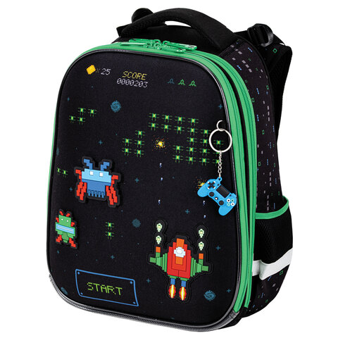 Ранец BRAUBERG PREMIUM, 2 отделения, с брелоком, "Space strike", патчи на липучках, 38х29х16 см, 273104