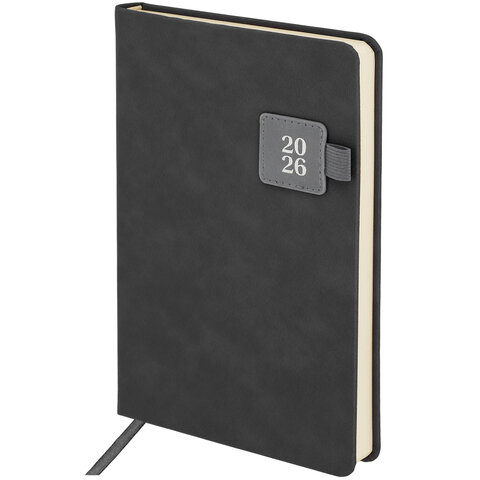 Ежедневник датированный 2026 А5 138х213 мм, BRAUBERG "Accent", под кожу, держатель, серый, 117385