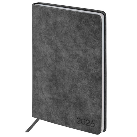 Ежедневник датированный 2026 А5 138х213 мм, BRAUBERG "Ice", под кожу, черный, 117393