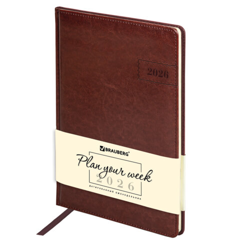 Еженедельник датированный 2026, БОЛЬШОЙ ФОРМАТ 210х297 мм, А4, BRAUBERG "Imperial", под кожу, коричневый, 117156