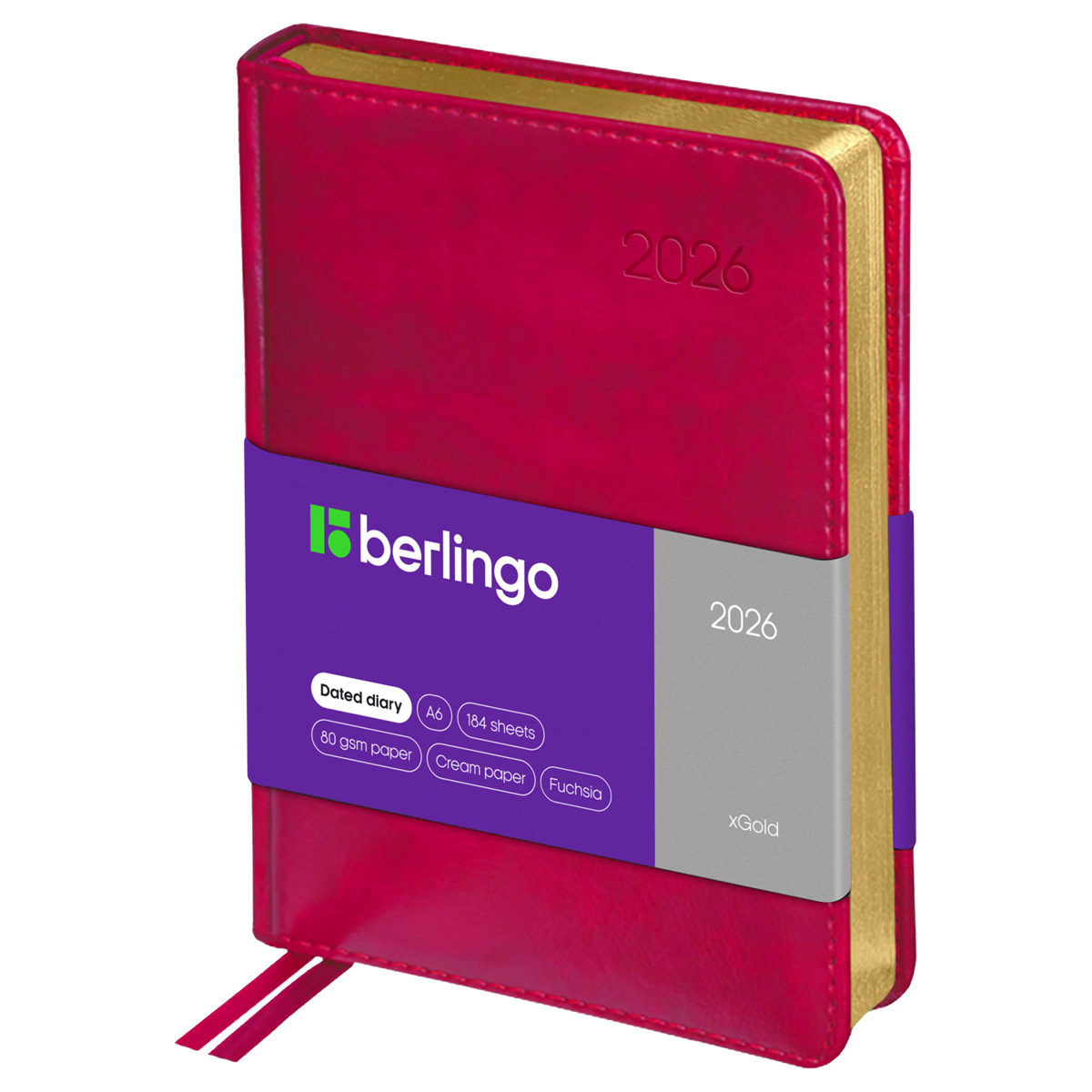 Ежедневник датированный 2026г., А6, 184л., кожзам, Berlingo "xGold", зол. срез, фуксия