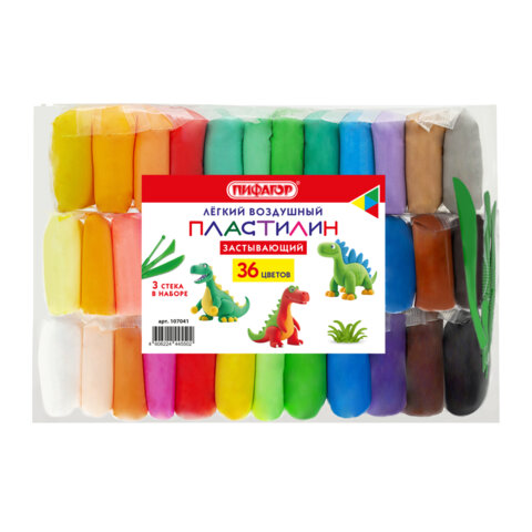 Пластилин лёгкий воздушный застывающий 36 цветов, 310 г, 3 стека, ПИФАГОР, 107041